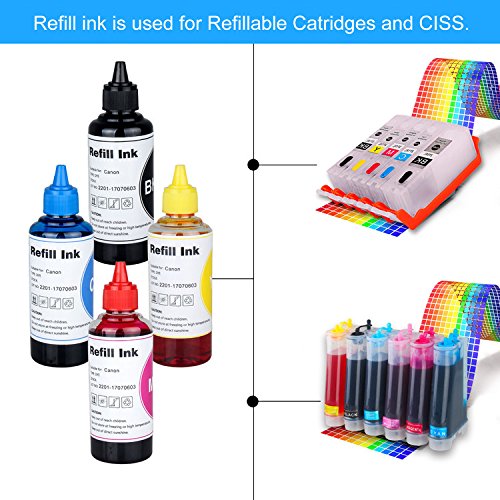 Printer Refill Ink Dye Bottles Kit for Refillable Cartridges and CISS