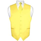 Vesuvio Napoli Men's Dress Vest & NeckTie Solid GOLDEN YELLOW Color Neck Tie Set for Suit Tux