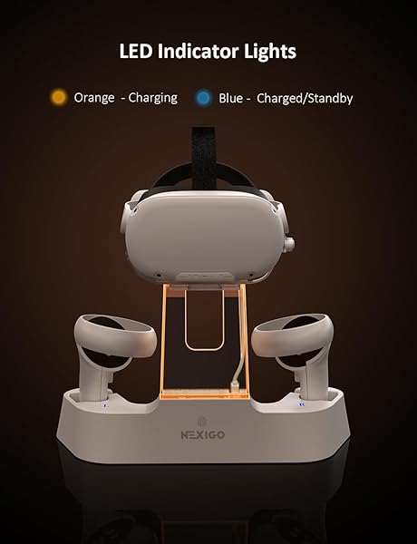 NEXIGO ENHANCED CHARGING DOCK WITH LED LIGHT [ON/OFF] FOR OCULUS QUEST 2, [SUPPORT ELITE STRAP WITH BATTERY], HEADSET DISPLAY HOLDER AND CONTROLLER MOUNT, 2 RECHARGEABLE BATTERIES, USB-C CHARGER