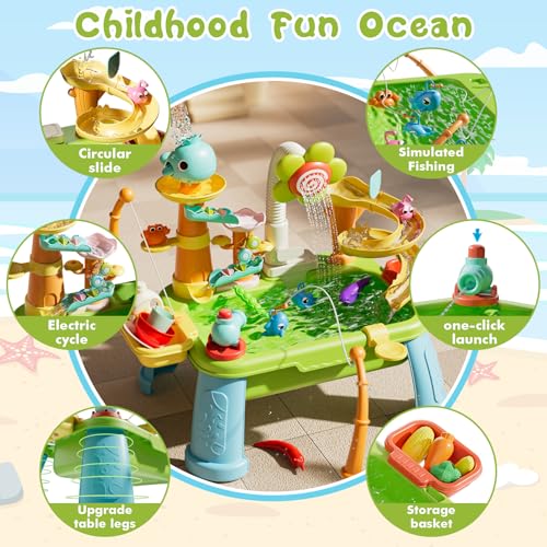SwinKate Upgraded 4-in-1 Sand Water Table for Toddlers 1-3, Kids Sensory Table with Electric Water Pump & Sun Flower Faucet, Play Kitchen Sink with Food Accessories, Fishing Toy ‒ Adjustable Height