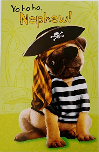 Yo ho ho Nephew - Hope yer Halloween Adventure is Filled with a Treasure Chest of Goodies Greeting Card w/ Pirate Pug Dog