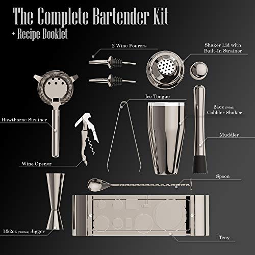 The Complete Bartender Kit | 11 Piece Cocktail Shaker Set with Stand | Great To Make Martini, Margarita, Mojito or Any Other Alcohol or Liquor Drink | Impressive Set For Special Gift! (Gunmetal)