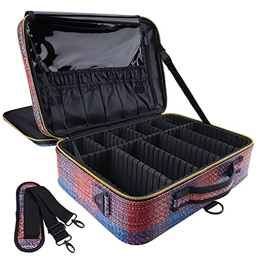 GZCZ 3 Layers Large Travel Makeup Case PU Leather Portable Makeup Bag Train Cosmetic Brush Organizer 16 Inches with Adjustable Dividers and Shoulder Strap for Make up Accessories -Woven Pattern Purple