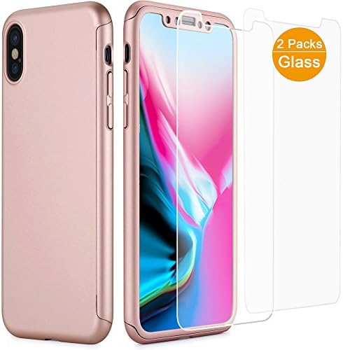 ONTHIS iPhone X Case, 360° Full-Body Protective Dual Layer Ultra Slim Shockproof PC Case Cover with 2 Packs of Tempered Glass Screen Protector for iPhone x,iPhone 10 (Rose Gold)