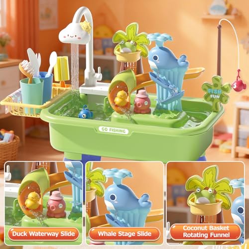 Sand and Water Table for Toddlers 1-3 - 22 Pcs Outdoor Water Play with Automatic Pump, Fishing & Kitchen Sink, 4L Large Capacity Sensory Bin, Summer Outdoor Toys for Kids Ages 1-3, Spring Green