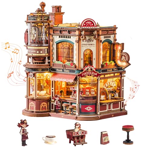 ROKR Dream Coffee Factory EAB02 DIY Miniature Dollhouse Music Box for Adults, Mechanical Coffee Factory Model with Moving Parts, LED Lighting and Jazz Music, Creative Gift