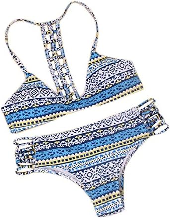 Hanmingxuan Women's Two-Piece Colorful Printed Backless Sexy Bikini Navy Blue XS