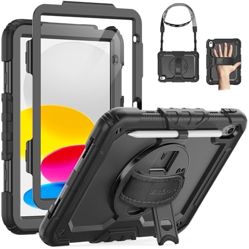 SEYMAC Case for iPad (A16) 11th/10th Generation 2025/2022 11/10.9 Inch, iPad 10th Generation Case, Shockproof Case with Screen Protector, 360 Rotating Stand, Pencil Holder, Shoulder Strap, Black