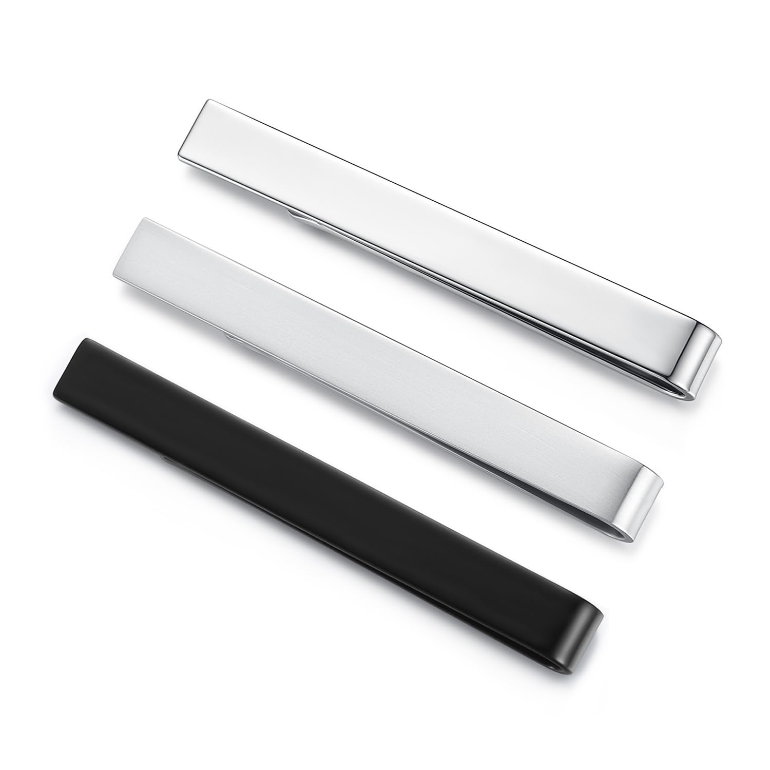 HONEY BEAR 3pcs Set Mens Tie clips Set Tie Bar for Normal Size Tie - 2.12inch for Business Wedding Gift,5.4cm(Glossy+Matte Silver+Black with box)