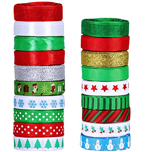 19 Rolls 135 Yard Christmas Ribbons Trims Printed Grosgrain Ribbons Multicolor Organza Ribbons Satin Ribbons Metallic Glitter Ribbons 3/8