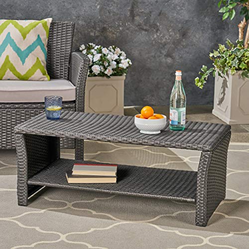 Christopher Knight Home Justin Outdoor Wicker Coffee Table, Gray, Black Beachfront Decor