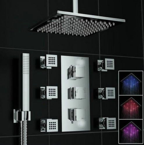 12 Inches Plished Chrome Bathroom Water Power LED 3 Color Change Shower Head With 6 Massage Jets And Hand Sprayer Faucet Set