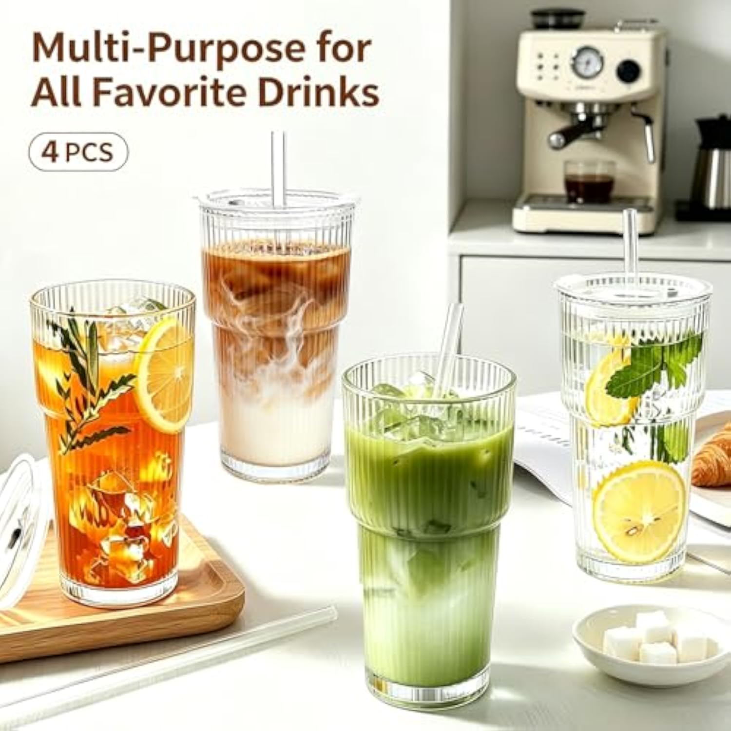 20盎司玻璃杯套装 (带盖吸管 / 棱纹冷饮杯) - 48% OFF