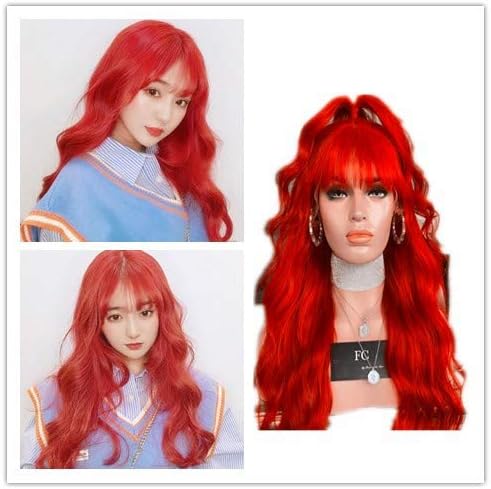 Yudit 22" Long Wavy Clips in Top Hairpieces with Mini Air Bangs Synthetic Hair Toppers for Women (the blood red)