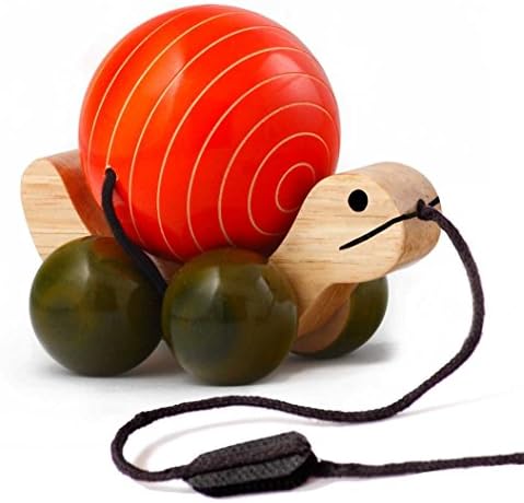 Handmade Wooden Pull Toy with Rotating Ball made using Natural Colors for Toddlers 18 months old and up, helps in early education and development | Tuttu Turtle by Maya Organic (ORANGE)