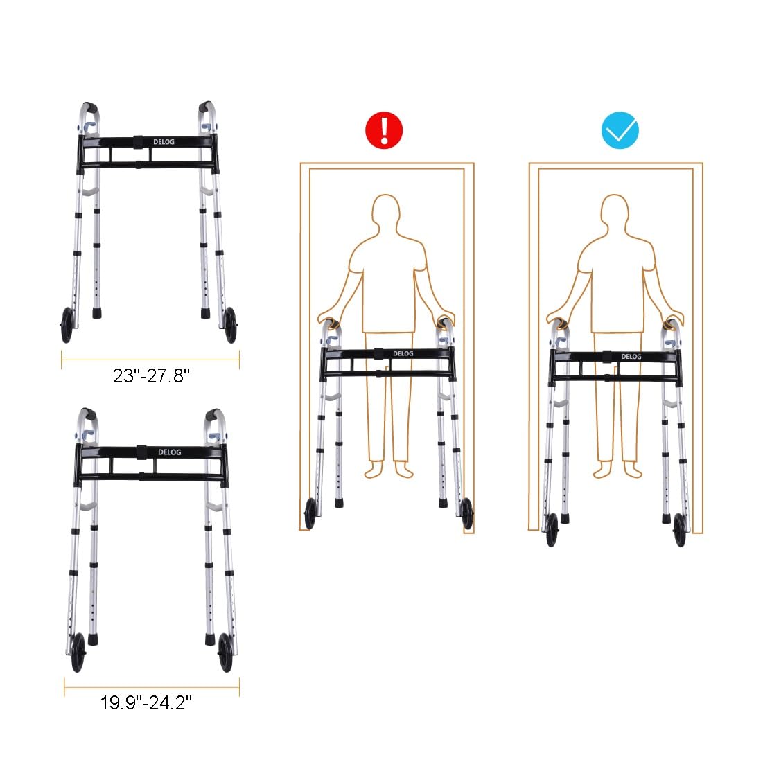 Delog Narrow Walkers for Seniors, Small Walkers for Seniors Tight Spaces Support Up to 350lbs, Standard Walkers for Seniors, Adults (Black)