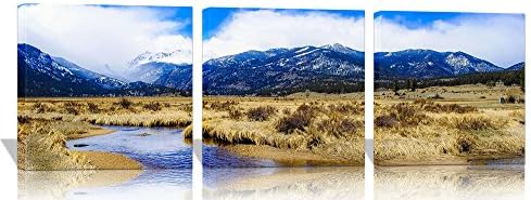 The Melody Art - 3 Pcs Framed Giclee Prints Nartural Landscape Artwork Grasses River and Snow Mountain Painting Pictures Paintings on Canvas Wall Art Ready to Hang for Living Room Bedroom Home Decor