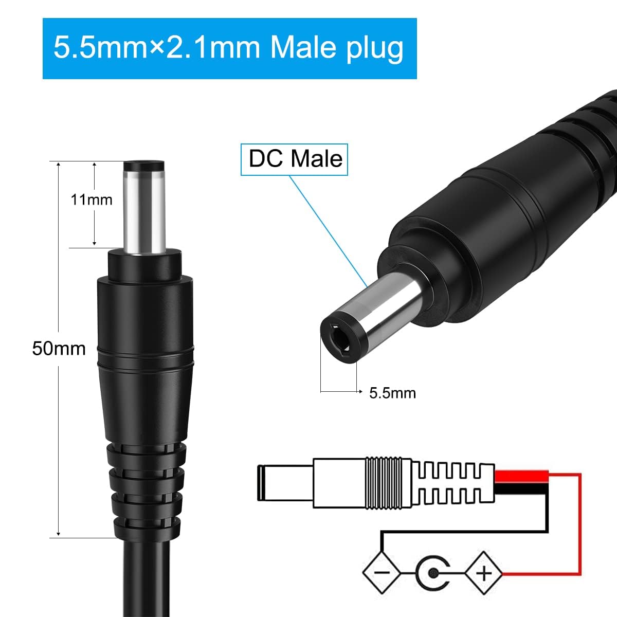 2Pack 16AWG DC Plug Connector Power Pigtails Cable,2.1mm x 5.5mm Male Plug to Bare Wire Open End,12 Volt DC Barrel Supply Adapter Repair Cord for CCTV Security Camera,12v LED Strip Light 3ft