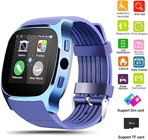 Smart Watch Bluetooth Unlocked Wristwatch Cell Phone With SIM TF Card Slot Camera Pedometer Sleep Monitoring for Men Boys Women Girls for IOS iPhone Android Samsung LG Motorola Huawei HTC (Blue)