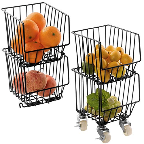 MyGift Stackable Rolling Black Metal Wire Storage Rack/Kitchen Pantry