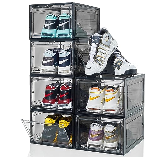 Photo 1 of ZLLZUU Shoe Organizer Shoe Storage Boxes, 6 Pack Large Drop Front Shoe Boxes with Magnetic Door, Clear Plastic Stackable Shoe Containers (Black)