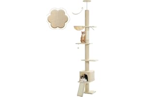 PEQULTI Cat Tree Floor to Ceiling, Tall Cat Tower, Adjustable Height (83''-108'') 5 Tiers Cat Climbing Tree for Indoor Cats with Cat Condo, Cat Scratching Post and Cat Ladder, Beige