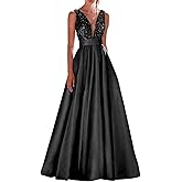 Hiclein V Neck Satin Prom Dresses for Women 2026 Sequin Formal Dress A Line Backless Wedding Evening Gown with Pockets