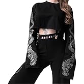 Women Gothic Hooded Top Long Sleeve Black Chain Print Crop Tops E-Girl Harajuku