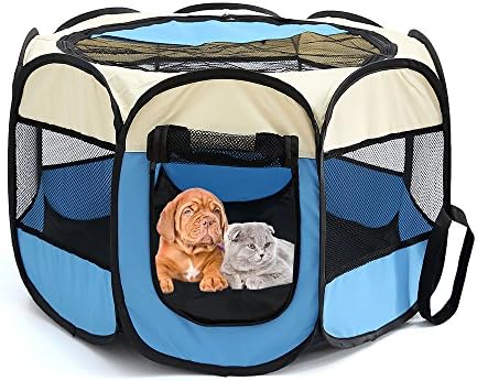 Petoice 2-Door Foldable Portable Waterproof Pet Playpen Kennel Exercise Pens for Dogs Cats Rabbits Outdoor Indoor,Blue,S(28.3"L x 28.3"W x 17.7"H)