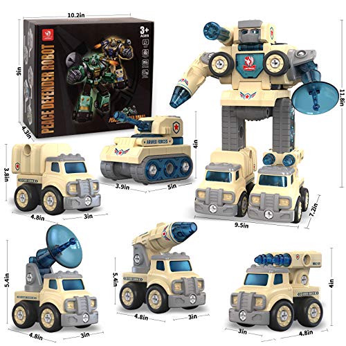 Car Toys Take Apart Robot with DIY 5 in 1 Peace Defender Military,Special Vehicles Transform into Robot,STEM Disassemble Mecha,Great Gift for Kids, Boys & Girls