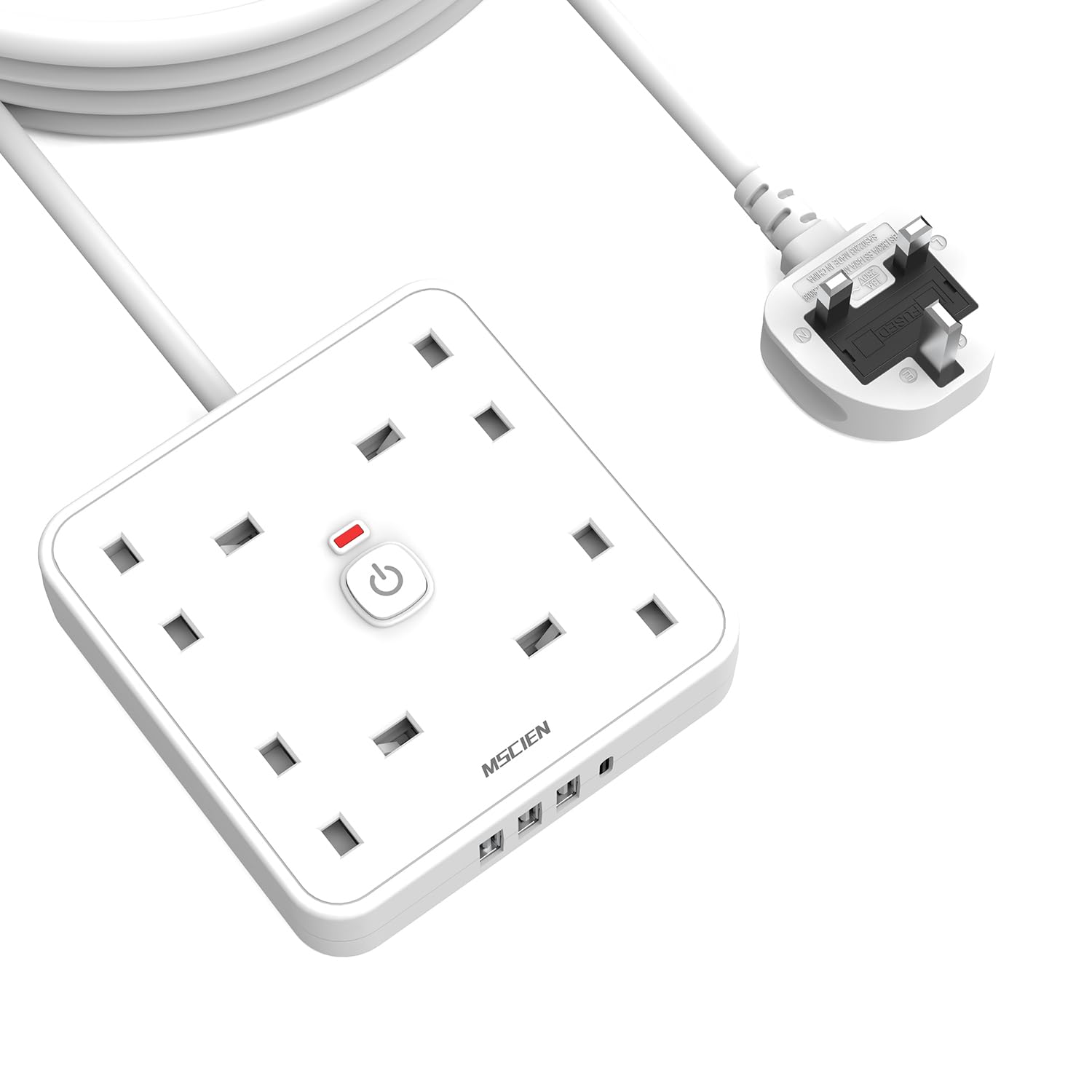 4M 4 Way Extension lead with USB Slots (3 USB-A, 1 USB-C), Mscien Extension Lead with Switches, White Wall Mountable Plug Extension Cord, Dorm, Home, Office
