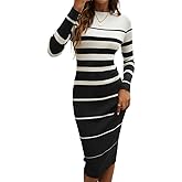 Sumleno 2026 Women's Fashion Striped Dress Long Sleeve Crew Neck Bodycon Midi Ribbed Knit Slim Fit Sweater Dress