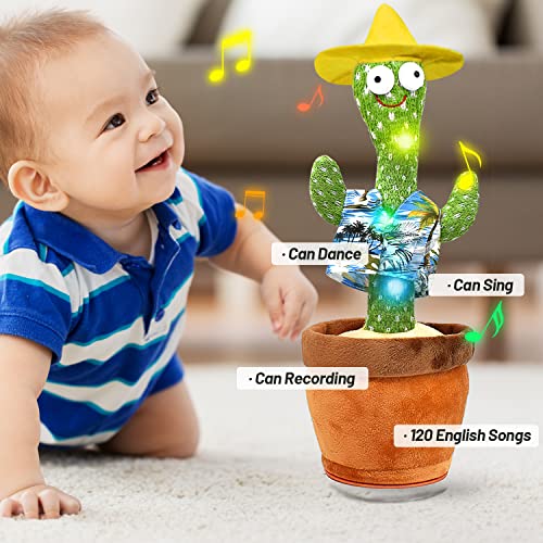 Dancing Cactus Toys for Baby Boys and Girls, Talking Plush Dancing Cactus Toy Electronic Plush Toy Singing, Record Repeating What You Say with 120 English Songs and LED Lighting for Home Decor Toys