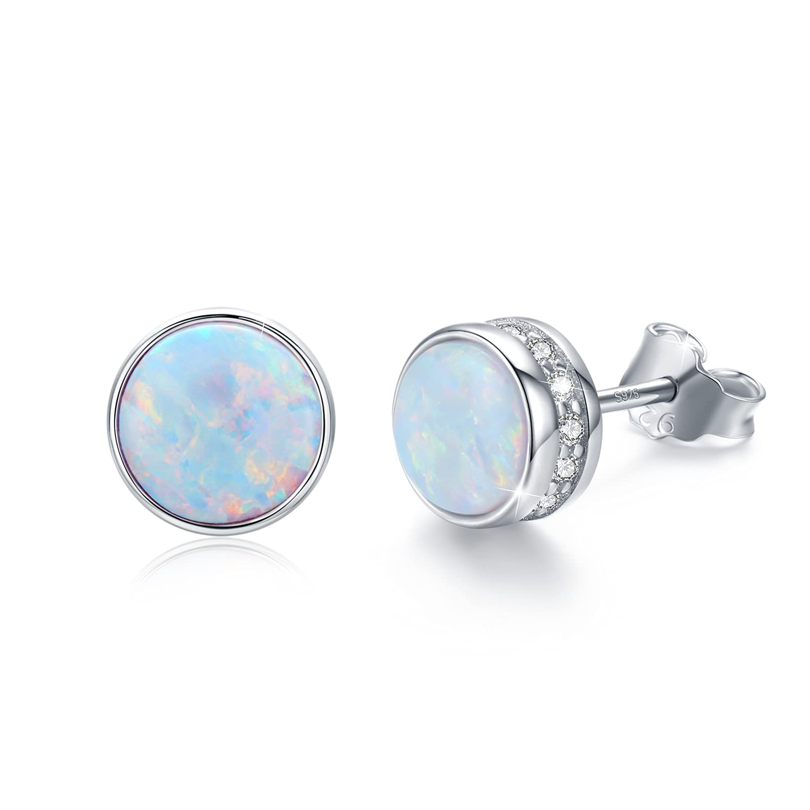 Opal Stud Earrings for Women Sterling Silver Hypoallergenic Earrings Blue Opal Bezel Studs Earrings for Sensitive Ears 7 MM