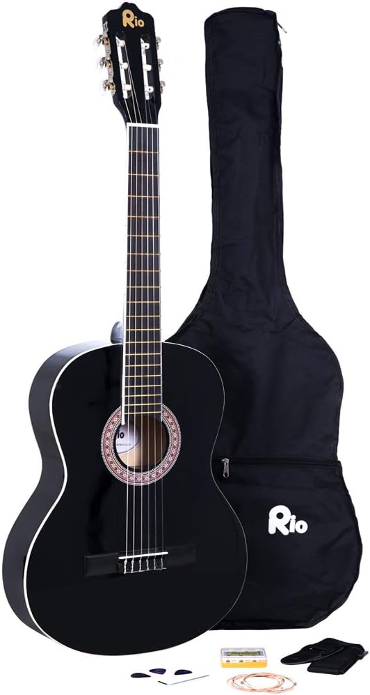 Rio 39'' 4/4 Full Size Acoustic Nylon Classical String Guitar Package Pack - New (Black)