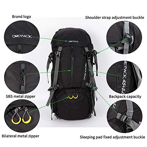 ONEPACK 50L(45+5) Hiking Backpack Waterproof Backpacking Bag Outdoor Sport Daypack for Climbing Mountaineering Camping Fishing Travel Cycling Skiing with Rain Cover (Black)