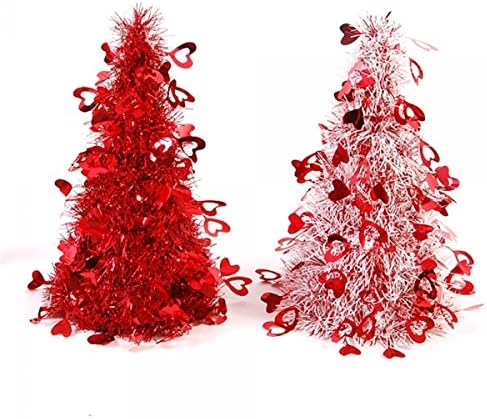 White and Red Tinsel Tree Anniversary Party Decorations with Hearts, 10 Inch, Set of 2