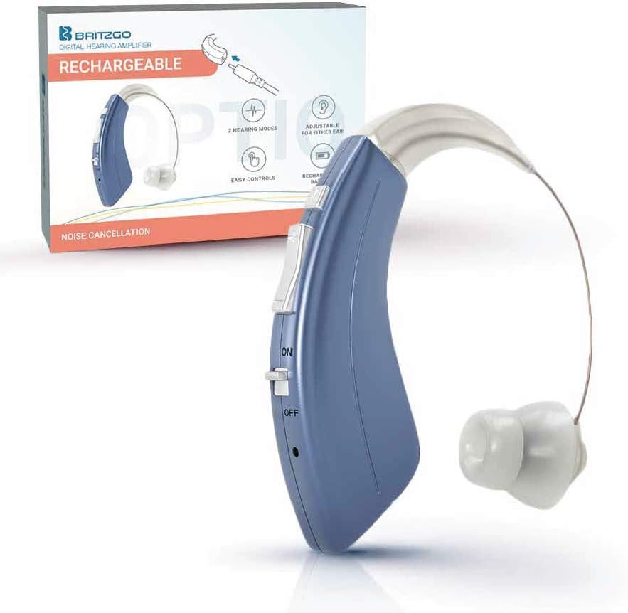 Britzgo Premium Hearing Amplifier for Adults and Seniors, Aids in Hearing, Rechargeable Battery with 50 Hour Life Per Charge, 2 Frequency Modes, Fits Either Ear, BTE,