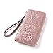 BOSTANTEN Leather Wallets Camellia Pattern Zipper Handbags with Wristlet for Women Taro Pink