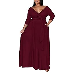 Runwind Plus Size Maxi Dress Sexy 3/4 Sleeve V Neck