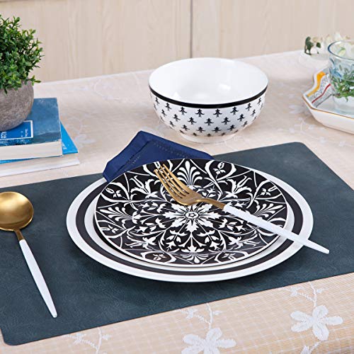 12 Piece Dinnerware Set,Floral Round Dinnerware Set Services for 4,Black - Thumbnail 5