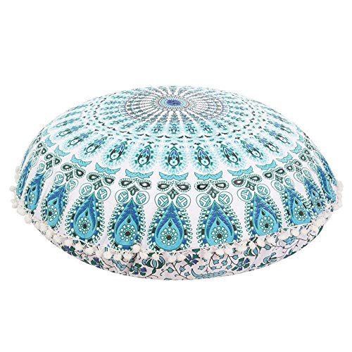 AAKARSHAN 32" Mandala Floor Pillow Cushion Seating Throw Cover Hippie Decorative (Blue White)