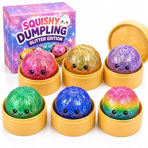 Posten Anker XXL Glitzer Squishy Dumpling Mystery Box 1 von 6 Sorten – Virale Squishy Steamed Buns 10 cm – Anti Stress Kawaii Mochi Squishies – Cute Mystery Korb Geschenkidee - Glitzer Füllung
