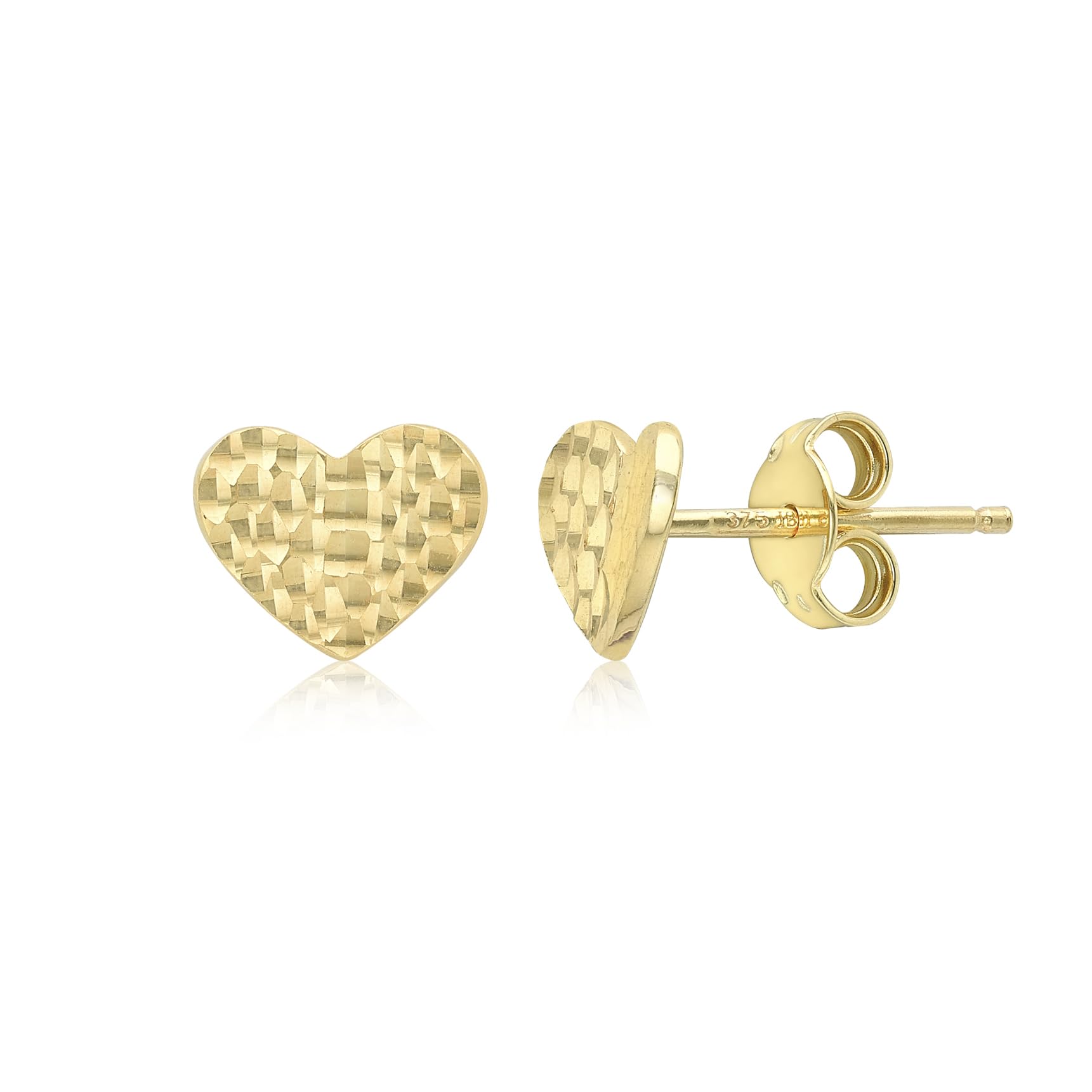 CARISSIMA Women's 9 ct Yellow Gold Diamond Cut 8.8 x 7 mm Curved Heart Stud Earrings