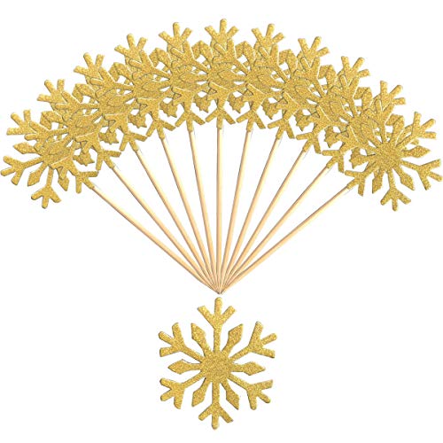 Snowflake Cupcake Topper 60 PCS Glitter Cupcake Picks Cute Cake Toppers for Christmas Party/Frozen Themed Party/Wedding Party Decorations (Gold)