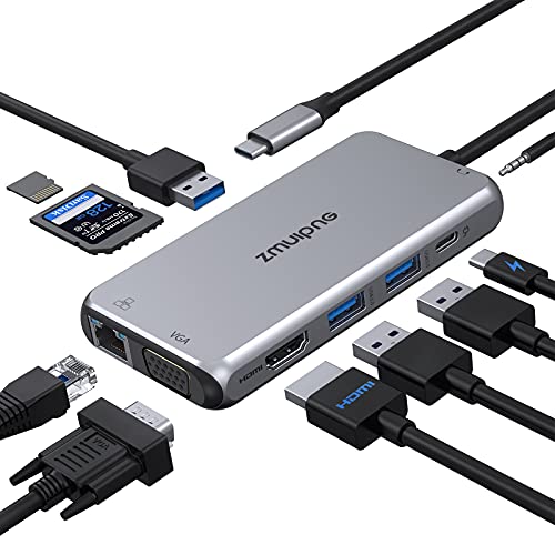 USB C Hub Multiport Adapter, USBC Dongle Dual Monitor HDMI 10 in 1