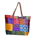 Indistar Silk Kantha Work Leather Handle Handmade Beach Tote Bag, Vintage Top Handle Shoulder Bag-MultiColor