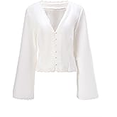 winkbay Women's Lace Bell Long Sleeve Tops Button Down V Neck Tie Back Dressy Casual Blouses