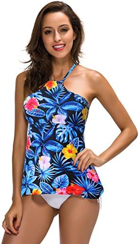 FanShou Women High Neck Sporty Tankini Swimsuits Printed Padded Bra Swimwear Bathing Suits (X-Large(US Size 12), Blue)