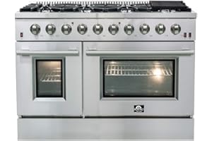 FORNO Galiano 48" Inch All Gas Double Oven Freestanding Gas Range with 8 Sealed Burners Cooktop 107,000 BTU and 6.58 Cu. Ft. Double Convection Oven - Stainless Steel Cast Iron Grates.